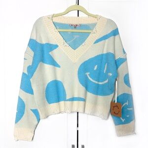 NWT Bailey Rose distressed cropped smiley knit sweater  | Size M  | cream, blue